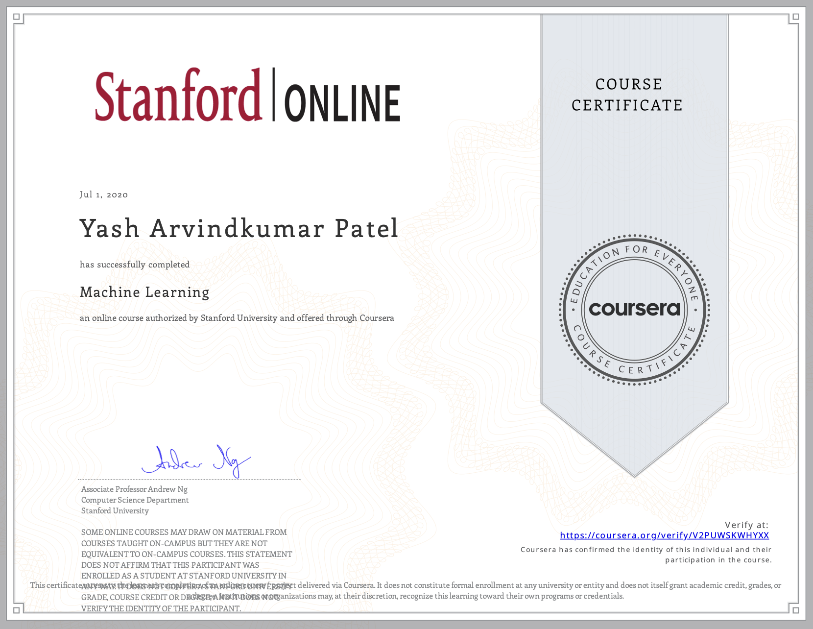 Machine Learning - Stanford University certificate